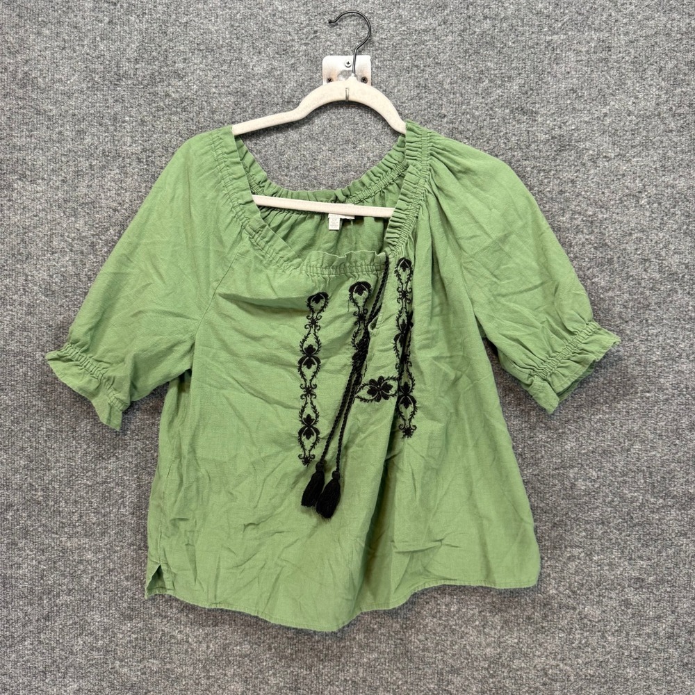 Lucky Brand Peasant Top Womens Small Green Embroidered Tassel Boho Blouse Shirt